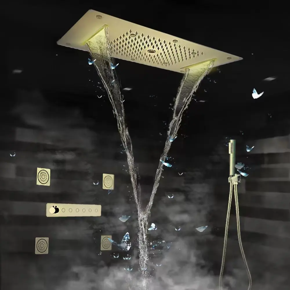 

Brushed Gold Concealed Thermostatic Shower System 6 Buttons LED Multifunctions Ceiling Showerhead Waterfall Rain Massage Jets