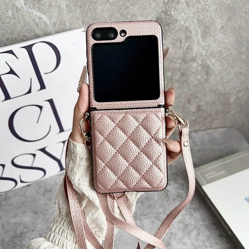 Fashion 3D Grid Pattern PU Leather Crossbody Phone Case with Long Lanyard