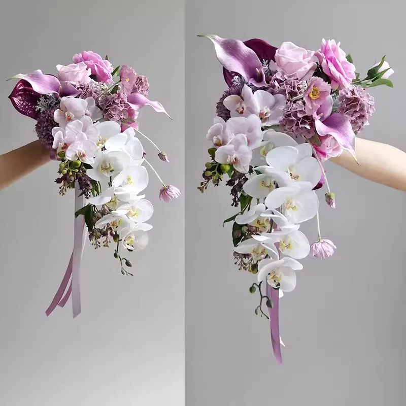 

Jaevini корейские сиреневые фиолетовые розы, свадебные букеты «Водопад», каскадные Искусственные белые орхидеи, букет невесты, цветы для рук, Марие