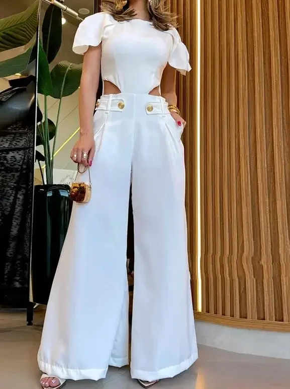 Fashion Women's Bodysuit Hollow Pocket Button Decoration Casual Pants Unique Waist Wide Leg Long Jumpsuit Women 2024