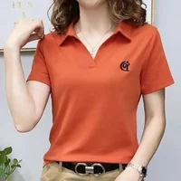 T-shirts Graphic Embroidery Women's Polo Plain Slim Pulovers in Trend 2025 Youthful Female Tee Elegant Clothing Korean Summer - Image 5