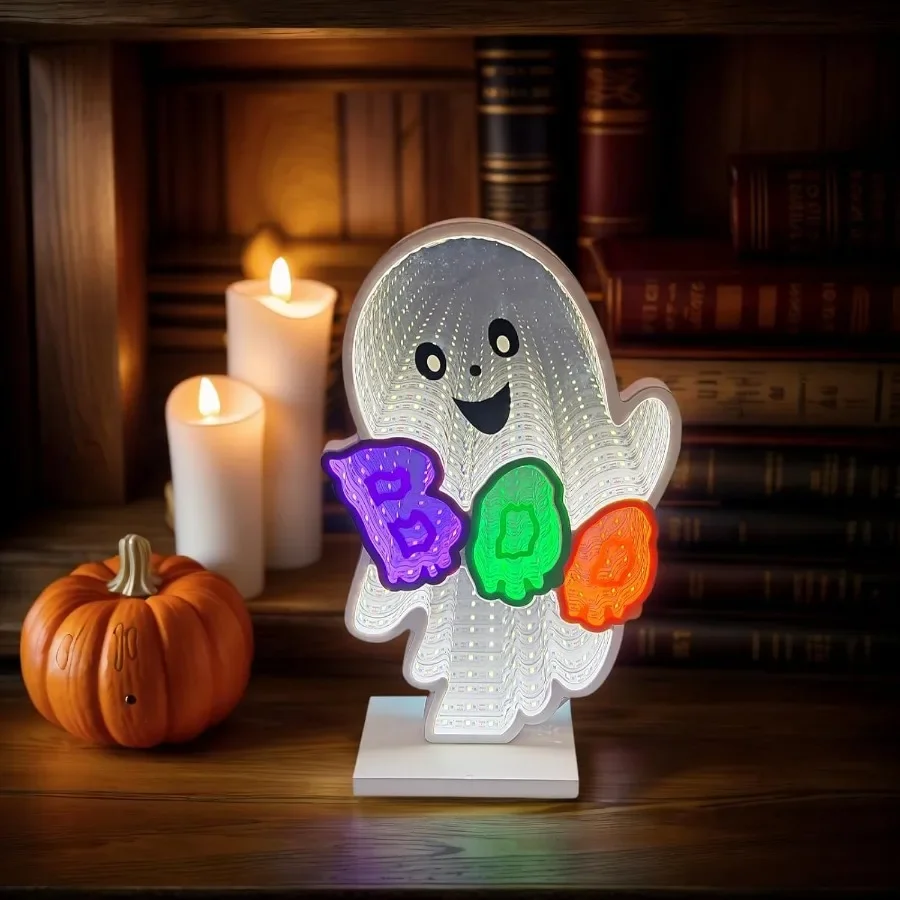 Halloween Neon Infinity Ghost Light 10.24 Inch 3D Ghost Table Decor with USB Power Perfect for Halloween Party Office Bedroom a