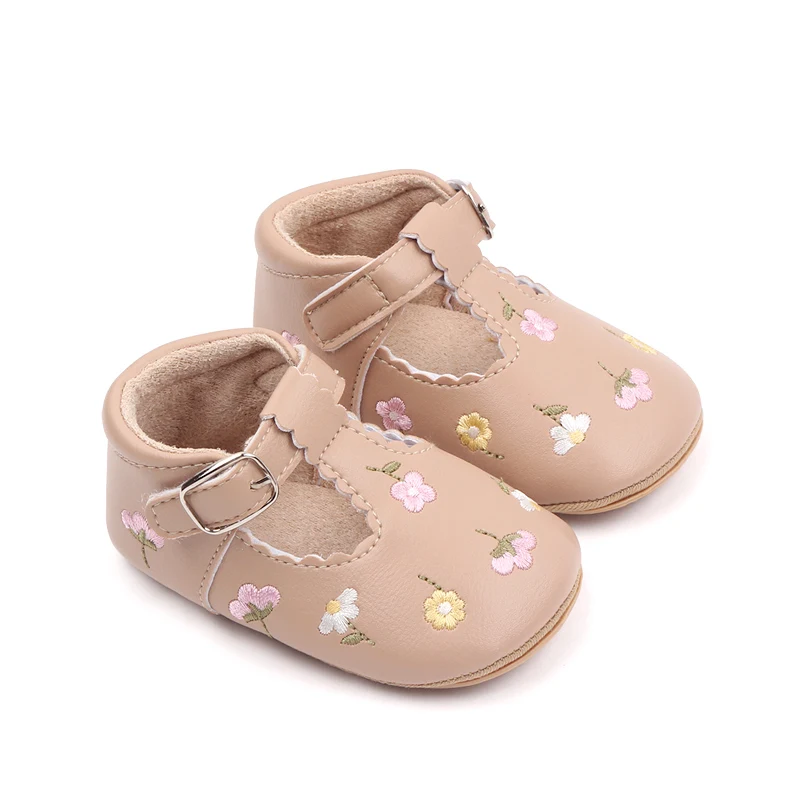 Embroidery Flower Baby Girls Shoes Premium Flats Rubber Sole Anti-slip Toddler Infant First Walkers PU Leather Crib Shoe 6