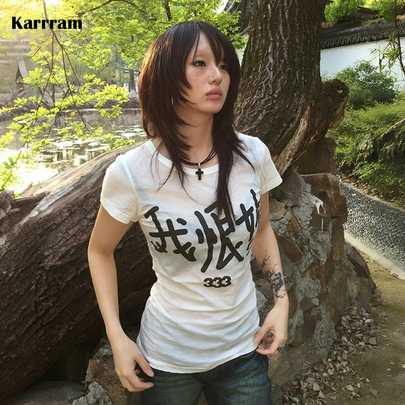 Karrram Japanese Y2k Letter Print T-shirt Trashy 2000s Style Short Sleeve Tee Shirt Grunge Aesthetics White Top Vintage Harajuku 1