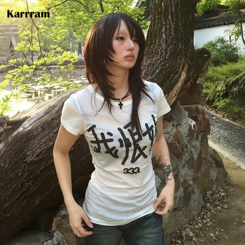Karrram Japanese Y2k Letter Print T-shirt Trashy 2000s Style Short Sleeve Tee Shirt Grunge Aesthetics White Top Vintage Harajuku 1