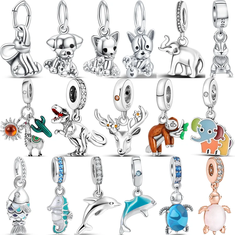 

New Animal Pendants Camel Elephant Rabbit Dolphin Elk Cat Dog Cute 925 Silver Beads Fit Original Pandora Charms Bracelet Jewelry