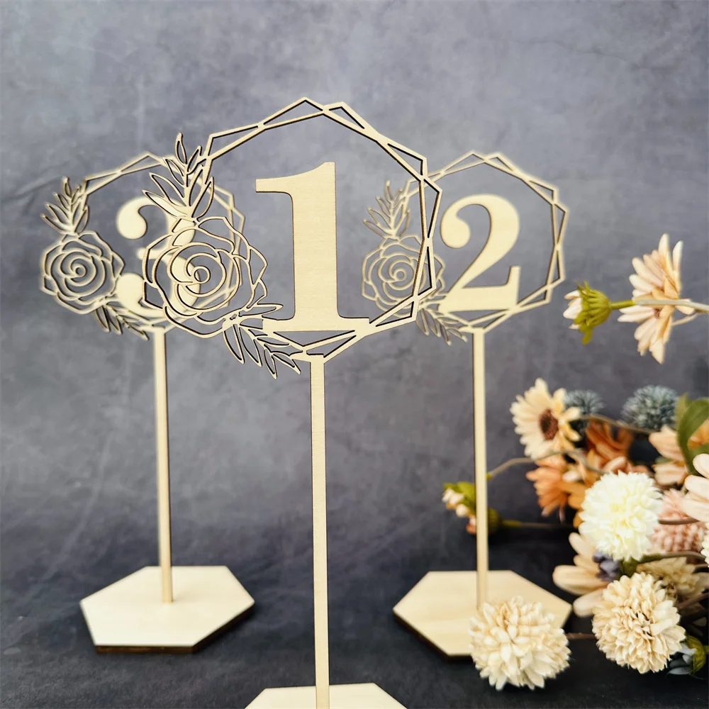 10pcs Wooden Table Number Rustic Wedding Engagement Hexagonal Number Signs With Base Birthday Event Party Decoration Supplies