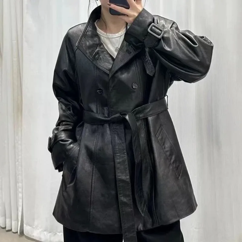 Office Ladies Loose Single-Breasted Genuine Leather Jackets Solid Color Turn Down Collar Long Sleeves Pockets Sheepskin Outwear
