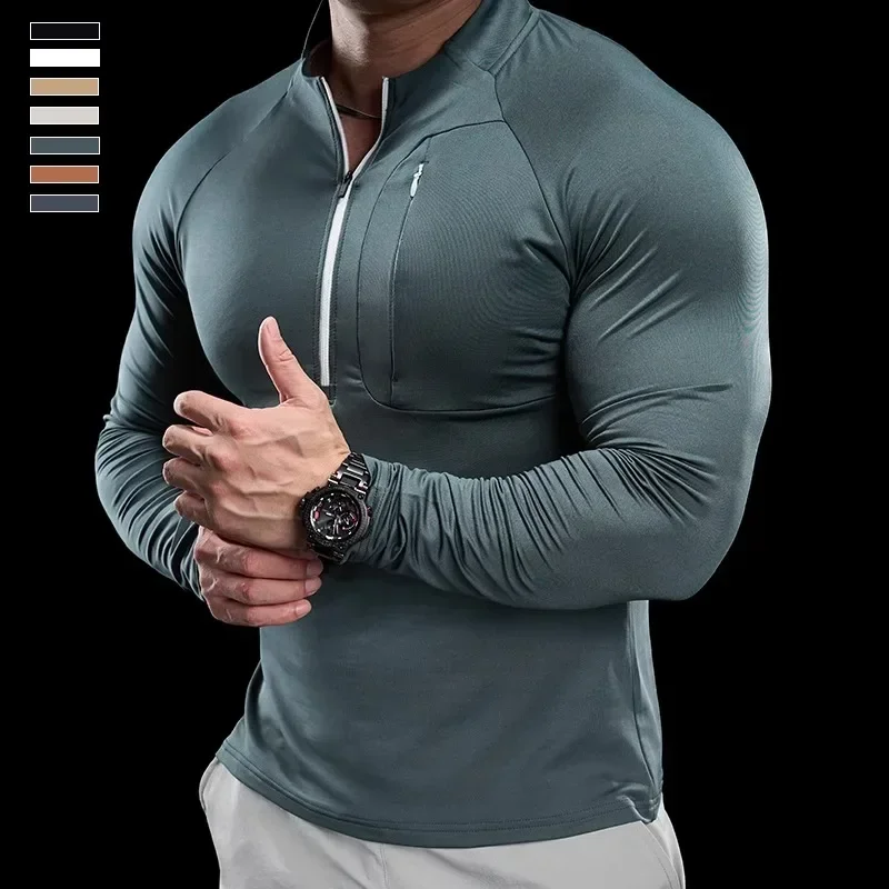 2024 New Men's Sports Gym Fitness Tops Running Training Clothes Round Neck Quick-drying Breathable Long-sleeved T-shirt Autumn 6