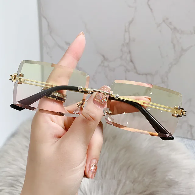 Vintage Fashion Frameless Sunglasses for Women Rimless Rectangle Shades Gradient UV400 Summer Traveling Sun Glasses 2022 Eyewear Gold Yellow Pink