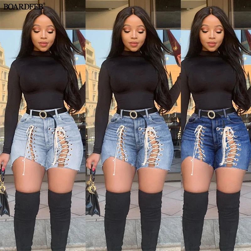 

Women Summer Ripped Hole Jeans Shorts 2023 High Waist Ladies Club Fashion Sexy Tied Rope Casual Distressed Denim Short Pants