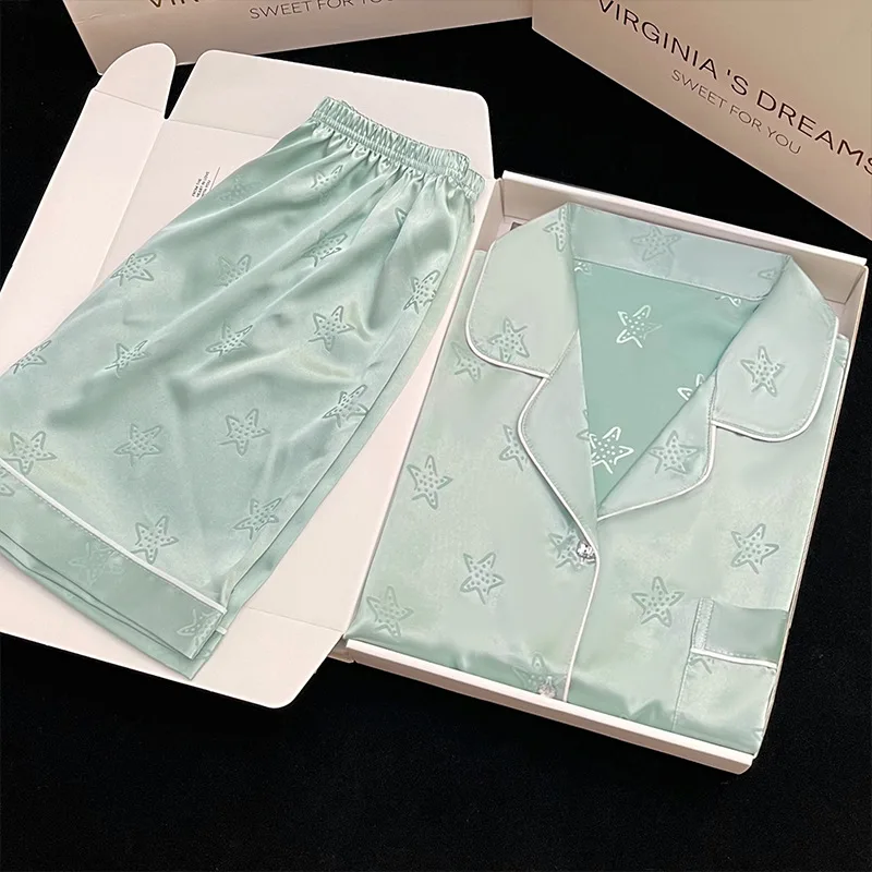 Ling Button Down Loungewear Pajamas Freshness Ice Silk Satin Sleepwear Women 2PCS Fashion Women's Home Wear Short Sleeved Set