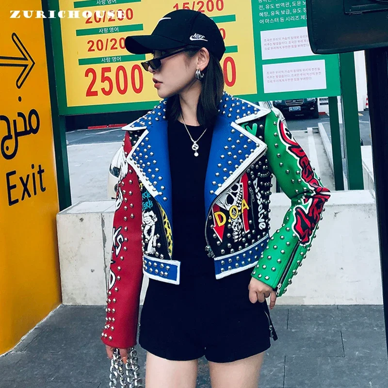 

ZURICHOUSE Contrast Color Leather Jacket Women Short Fashion Streetwear Punk Rivet Graffiti Print Faux Leather Locomotive Coat
