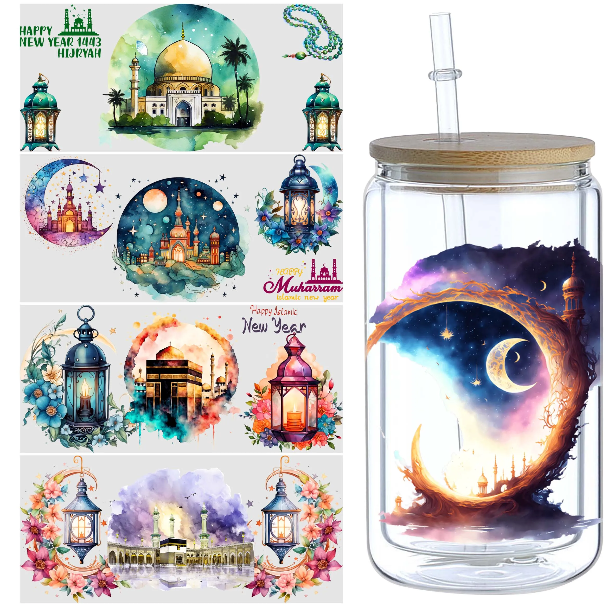 5 sheets islamic new year UV DTF cup stickers, glass DTF transfer stickers, waterproof wipe transfer paper
