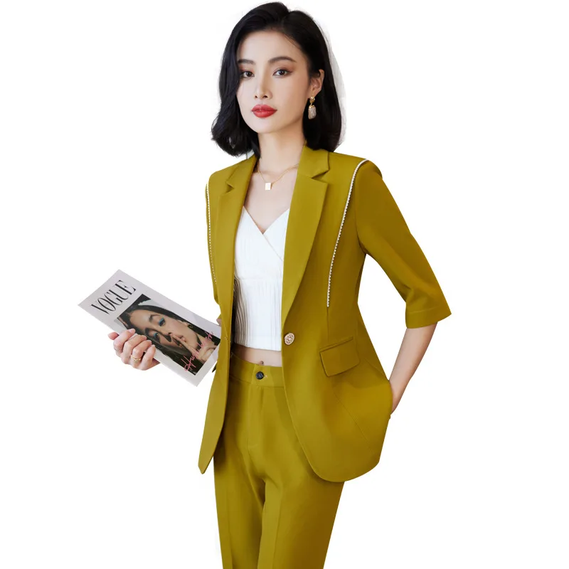 

Yellow Suits Women Summer New Casual Business Formal Temperament Slim Blazer And Pants Office Ladies Fashion Work Wear Purple