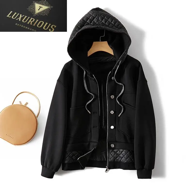 

European Winter Jacket Women 2024 Fake Two-piece Quilted Slim Hooded Short 2024 Autumn Black s Woman 4XL