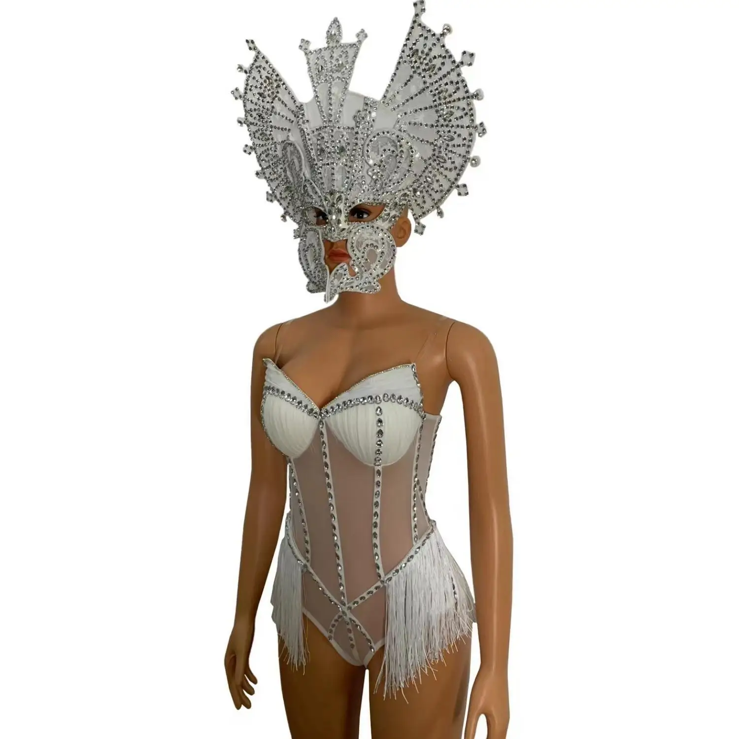 Luxury Fashion Headwear Bra  Diamond Transparent Tassel Jumpsuit Party Nightclub Cosplay Costume Performance Clothing Tieshan