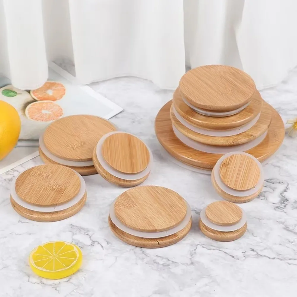 Portable Reusable Bamboo Lids Non Leakage Thicken Wooden Covers Silicone Sealing Jar Canning Caps Drinking Jar Supplies