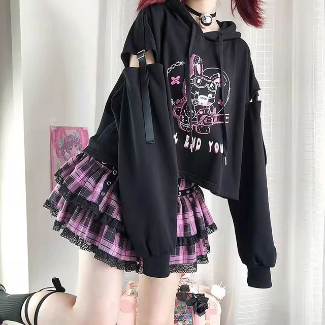 DanceeMangoo Kawaii Emo Gothic Hoodie Clothes Sweatshirt Y2k Anime Cute  Oversized Japanese Letter Vintage Harajuku Goth Girl - Walmart.com