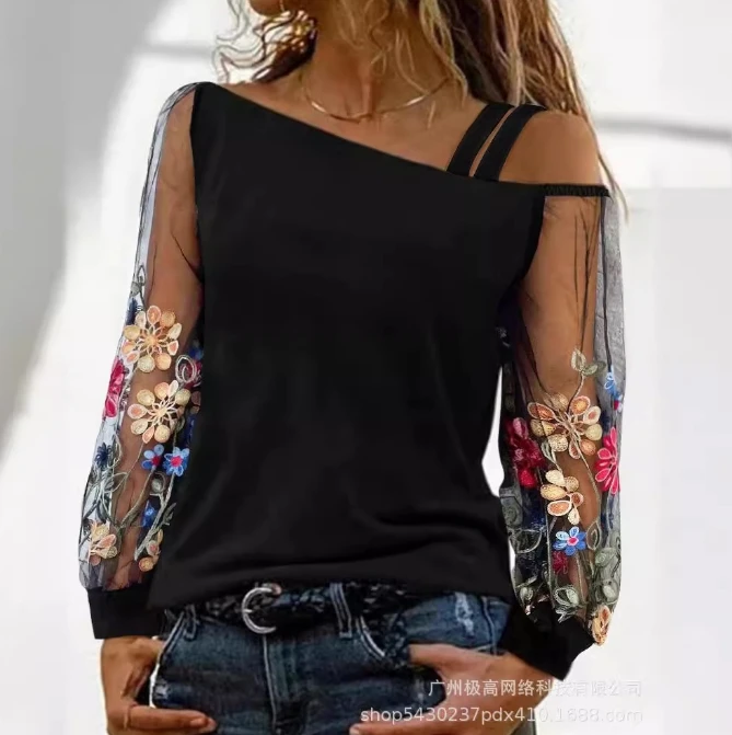 

2024 New Fashion Diagonal Neck Mesh Off Shoulder Long sleeved T-shirt Bottom Shirt for Women