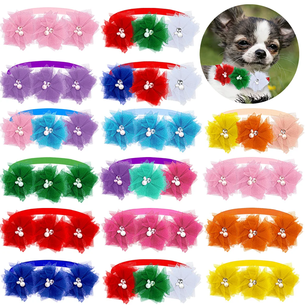 

20/50pcs Fashion Dog Bow Tie Lace Flower Diamod Small Dog Bowties Collar Dogs Pets Grooming Accessories Spring Pet Supplies