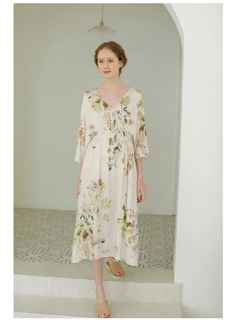 Summer Women's Nightdress Sexy V-neck Elegant Leaves Print Female Sleepwear Home Wear Night Dress Women Sleepwear Nightgown