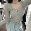 Korean Style O-neck Short Knitted Sweaters Women Thin Cardigan Fashion Open Front Button Up long Sleeve Crop Top t shirt women 4