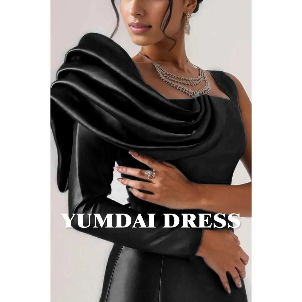

YUMDAI Luxury Black Satin One Shoulder Sleeve Evening Gown 2024 Saudi Elegant Ladies Wedding Guest Formal Party Midi Dress