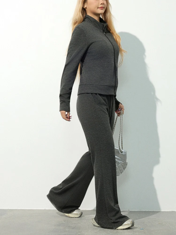 Fashion Plus Size Women's Sets Premium Slim Stand Collar Hot Girl Imitation Cashmere Zipper Jacket And Flare Long Pants Autumn