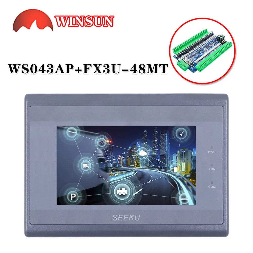 

SEEKU FX3U-14 -24 -32 -48 FX3U+HMI PLC support 4.3inch+PLC WS-043AP Touch Relay/Transistor RTU controller with RS232 cable