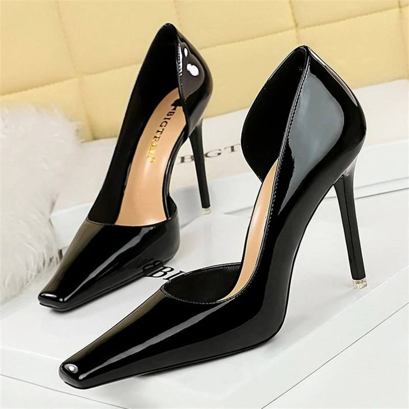 BIGTREE Autumn Simple Slim High Heels Casual Women's Shoes Bright Surface Patent Leather Shallow Mouth Square Head Woman Pumps