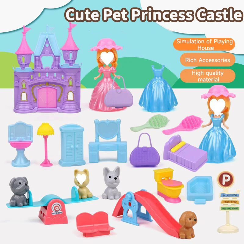 Cute Dog Pet Basket Family Toy Children Play House Games Toy Cute Mini Animal Scene Playing Toys Cat And Dog Doll Set Toys Gifts 2