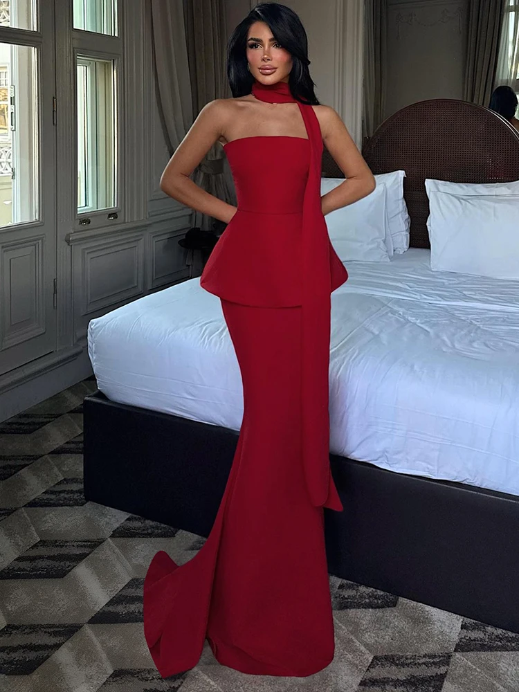 Nibber Christmas Strapless Dress Women Flounced Edge Scarf Collar Peach Hip Birthday Party Classic Simple Elegant Chic Vestidos