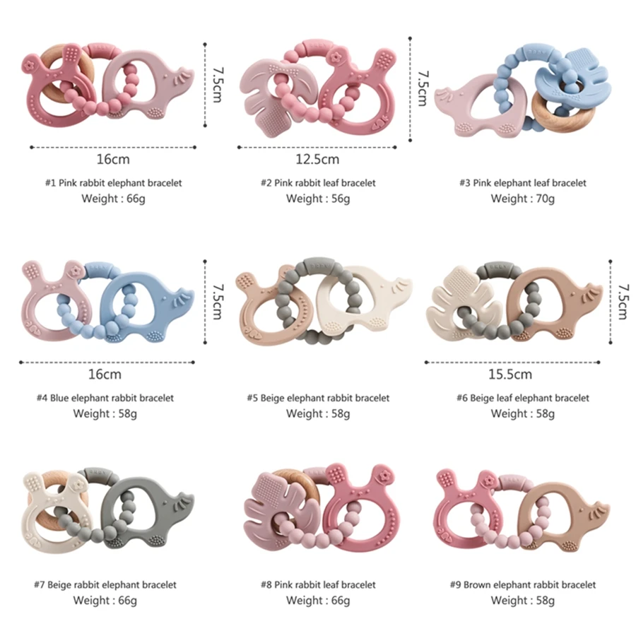 1Pc Baby Silicone Teether Toys BPA Free Silicone Bracelet Rabbit Teething Toys Wooden Ring Nursing Tooth for Newborn Gift