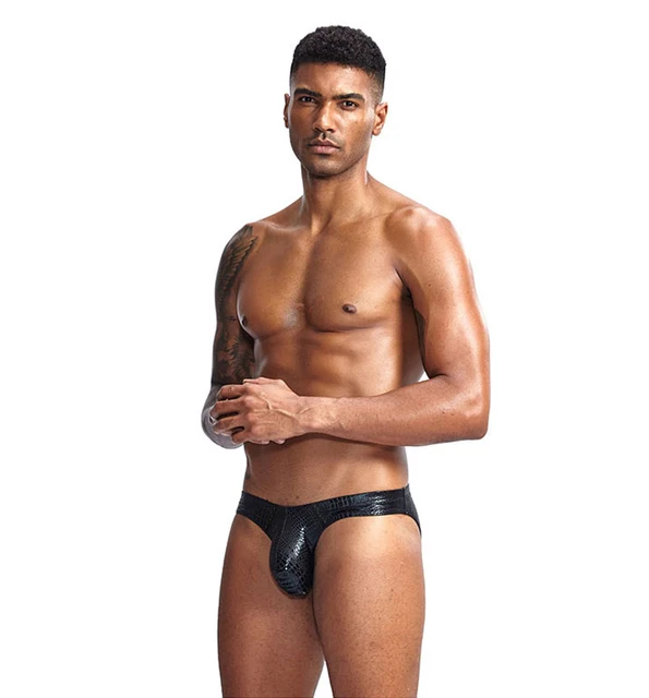 Intimo da uomo in ecopelle Slip sexy in pelle di serpente Homme Lingerie Mutande erotiche ultra sottili Mutandine dall'aspetto bagnato 5