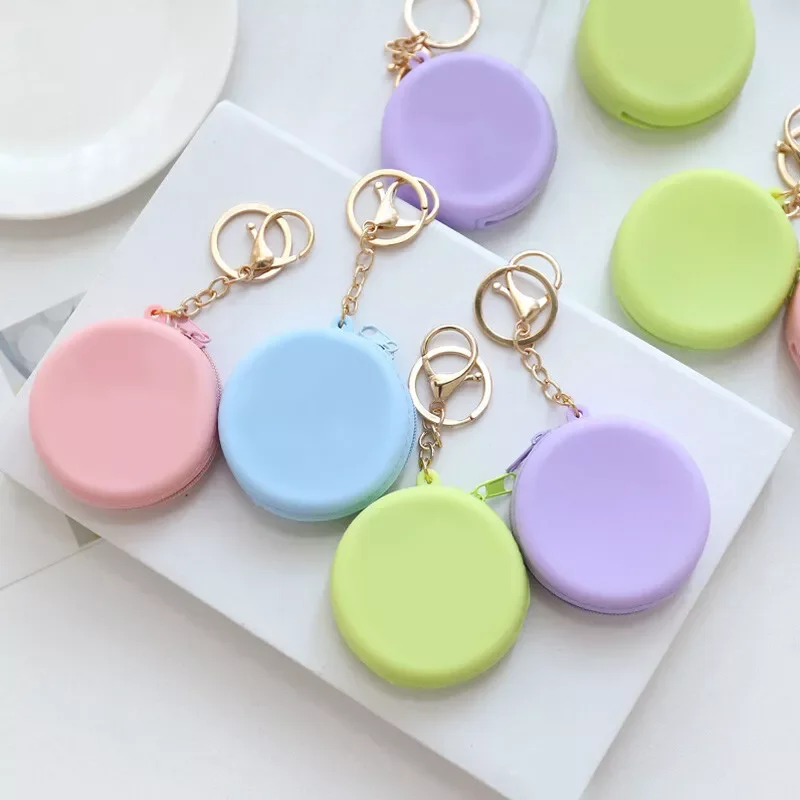 Mini Round Silicone Zipper Coin Purse Solid Color Small Wallet Change Pouch Key Holder Storage Keychain Bag Pendent