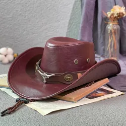 Vintage-Style Faux Leather Cowboy Hat - Unisex Western Dress Hat - 56-58CM (Wine red02)