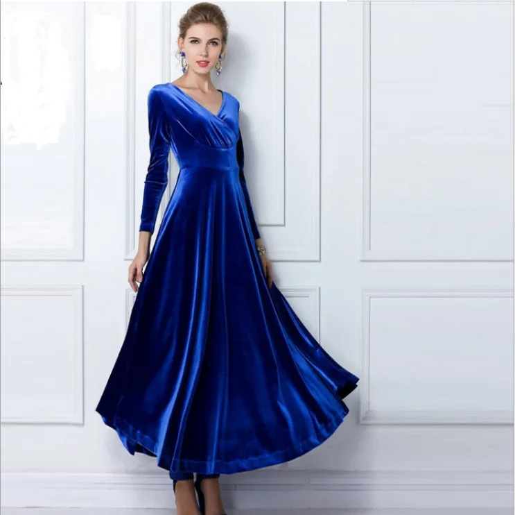

Women's Long Sleeve Dress Gold Velvet Maxi Dress V-neck Dress