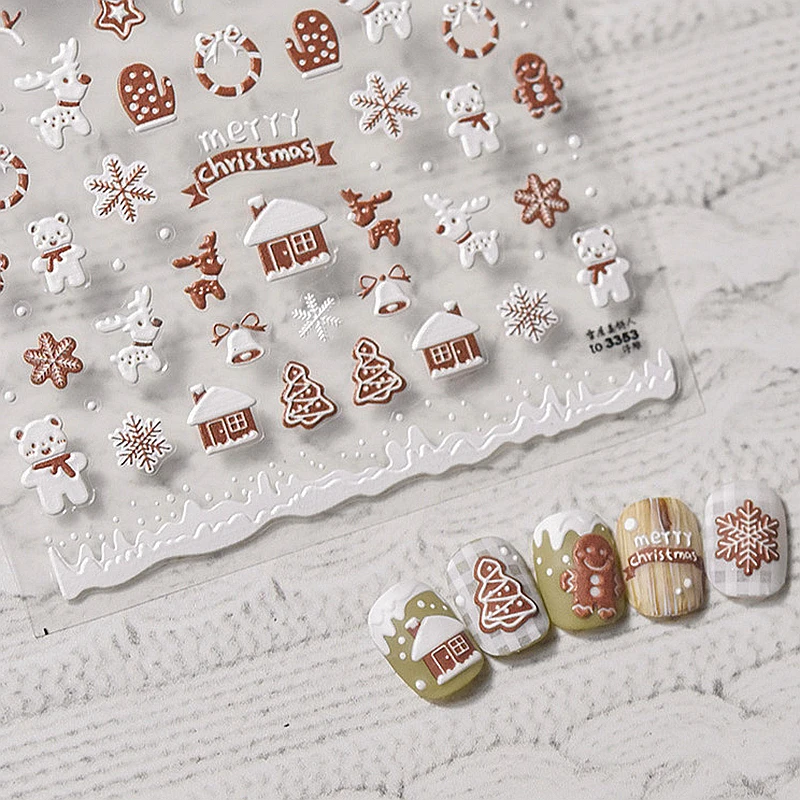 5D Realistic Relief White Coffee Snowflake Snowy House Gingerbread Man Adhesive Nail Art Stickers Decals Manicure Xmas Charms Nail Stickers Nail Art Decoration
