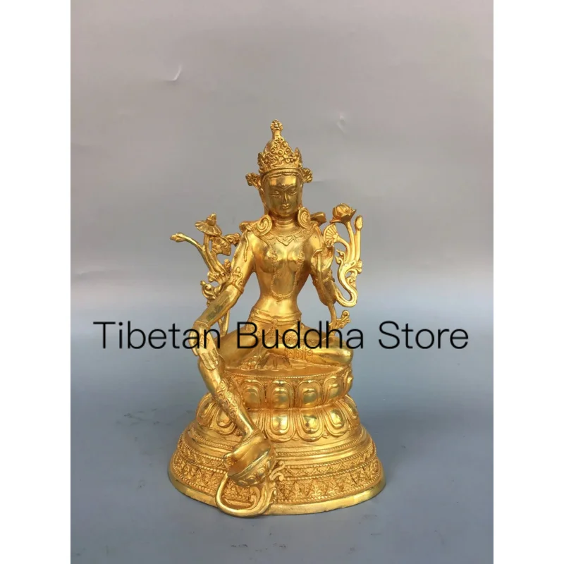 

21cm Tibetan Pure Copper Brass Gilded Green Tara Bodhisattva Sitting Statue Home Buddha Hall Decoration