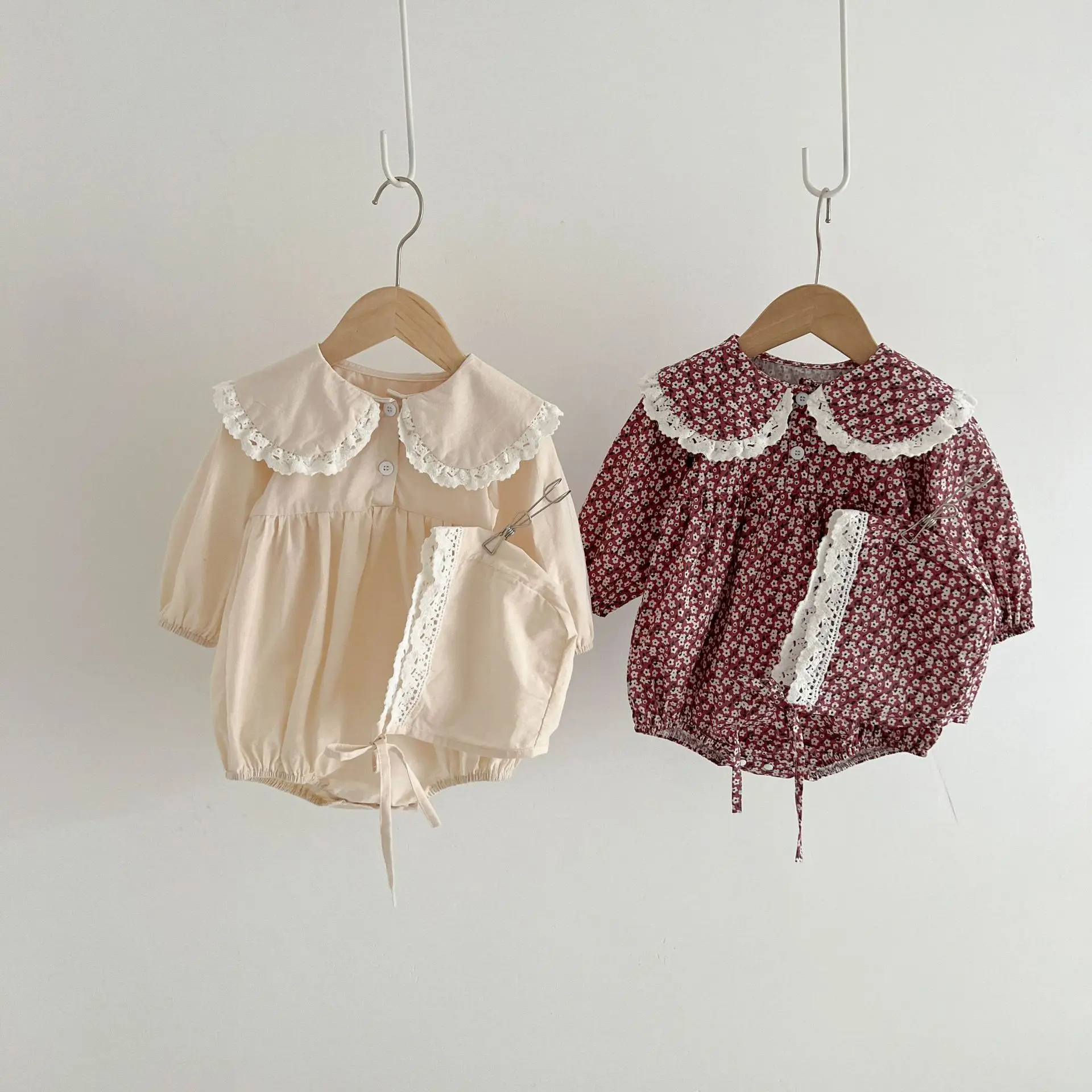 

Baby Small Floral Princess Wind Climbing Suit Female Baby Lace Cotton Lapel Jumpsuit Spring And Autumn Ha Clothes With Hat