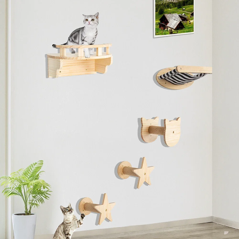 Deluxe Wall-Mounted Cat Activity Center with Climbing Ladder, Hammock, and Sisal Post