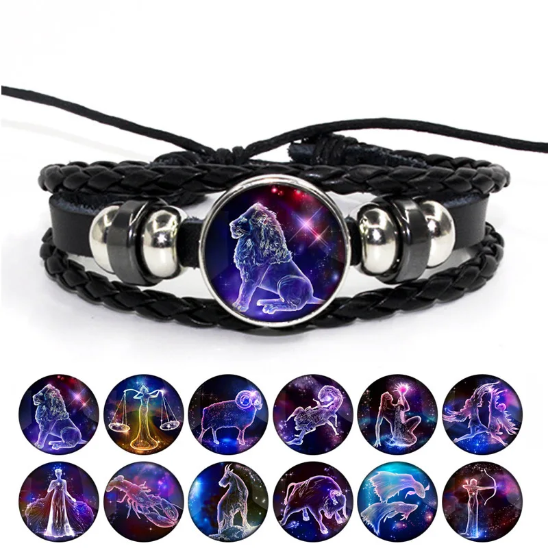

12 Zodiac Signs Constellation Charm Bracelet for Women Vintage Handmade Multilayer Weave Snap Button Leather Bracelet