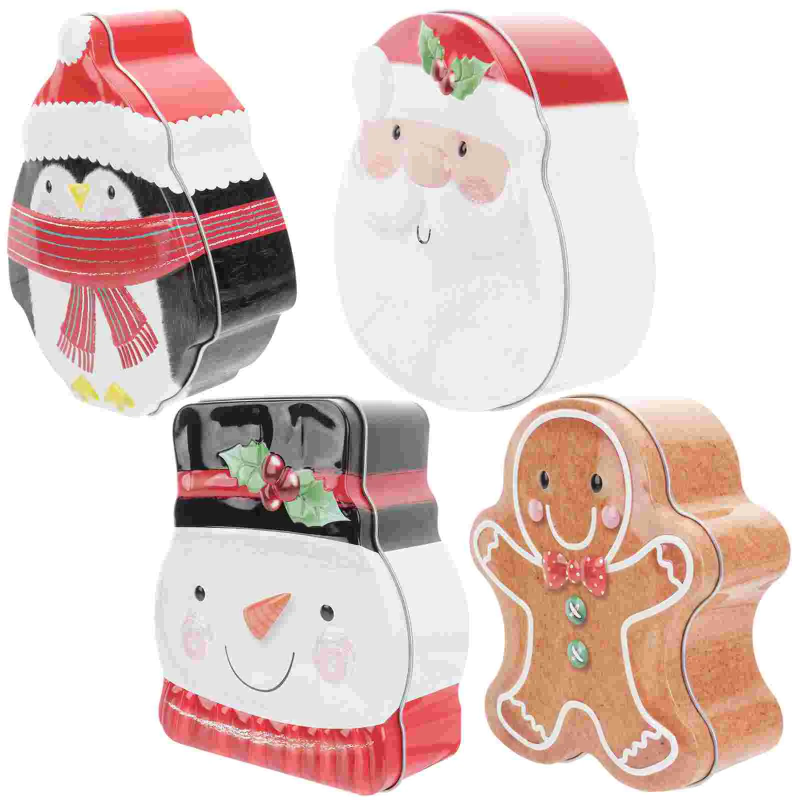 

4pcs Christmas Tinplate Gift Boxes Santa Claus Snowman Shape Cookie Tin Candy Storage Jar Decorative Tea Can for Treats