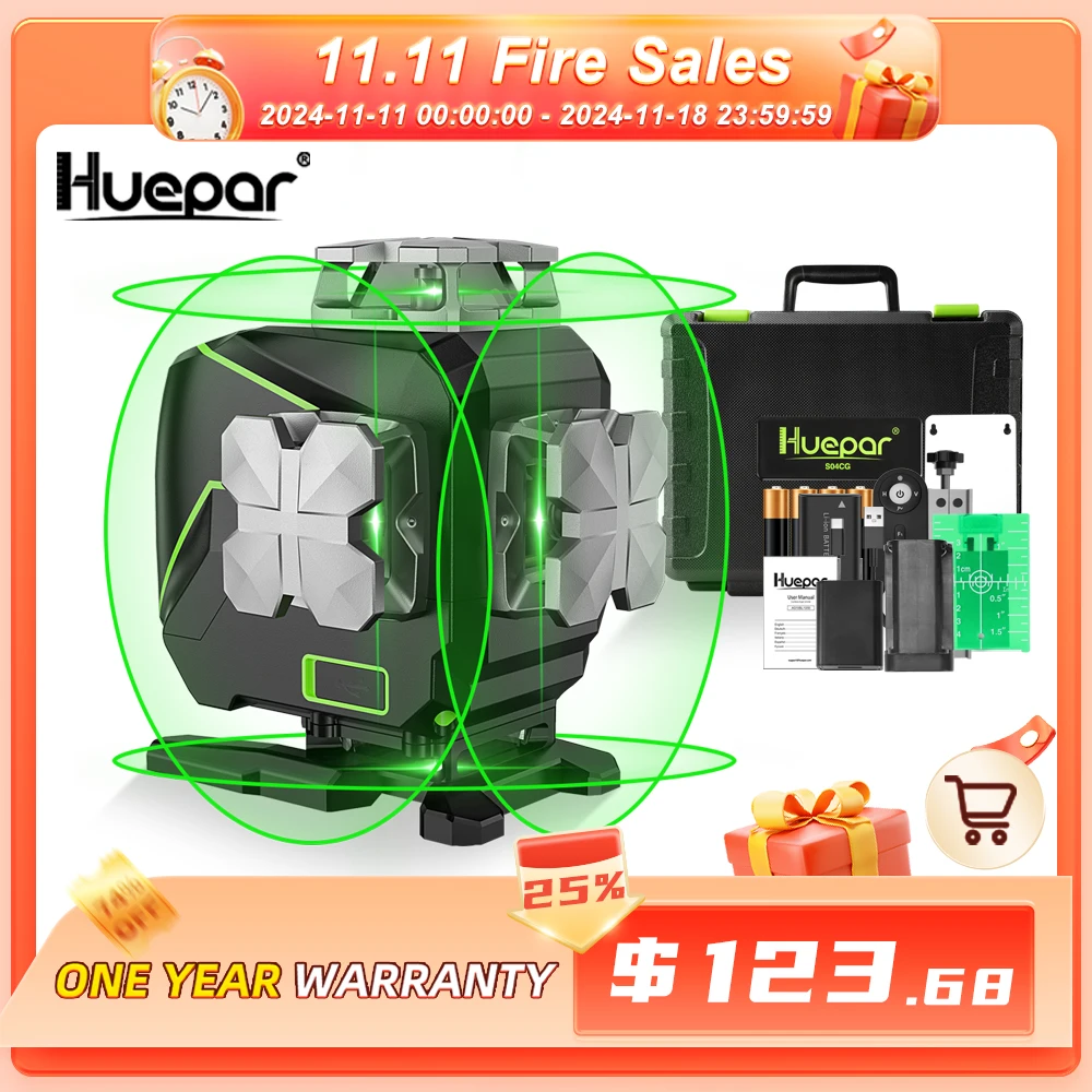 Huepar S04CG-A 16 lines 4D Cross Line Laser Level Bluetooth & Remote Control Functions Green Beam Lines With Hard Case No Bracke laser level