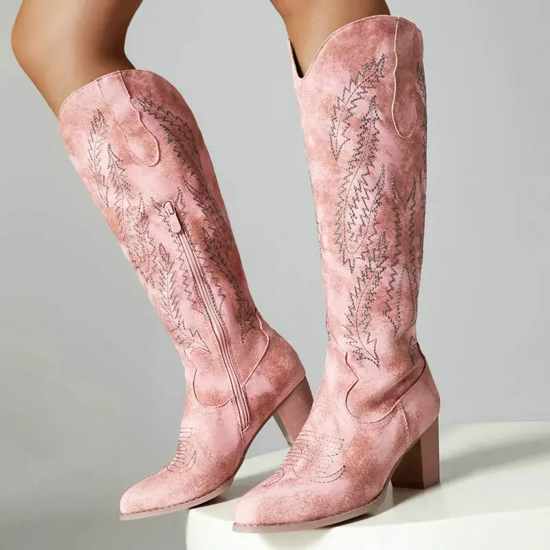 

Pink Embroidery Bohemian Western Cowboy Boots Round Toe Chunky Heels Embroider Knee-high Goth Shoes American Women Cowgirl Boot