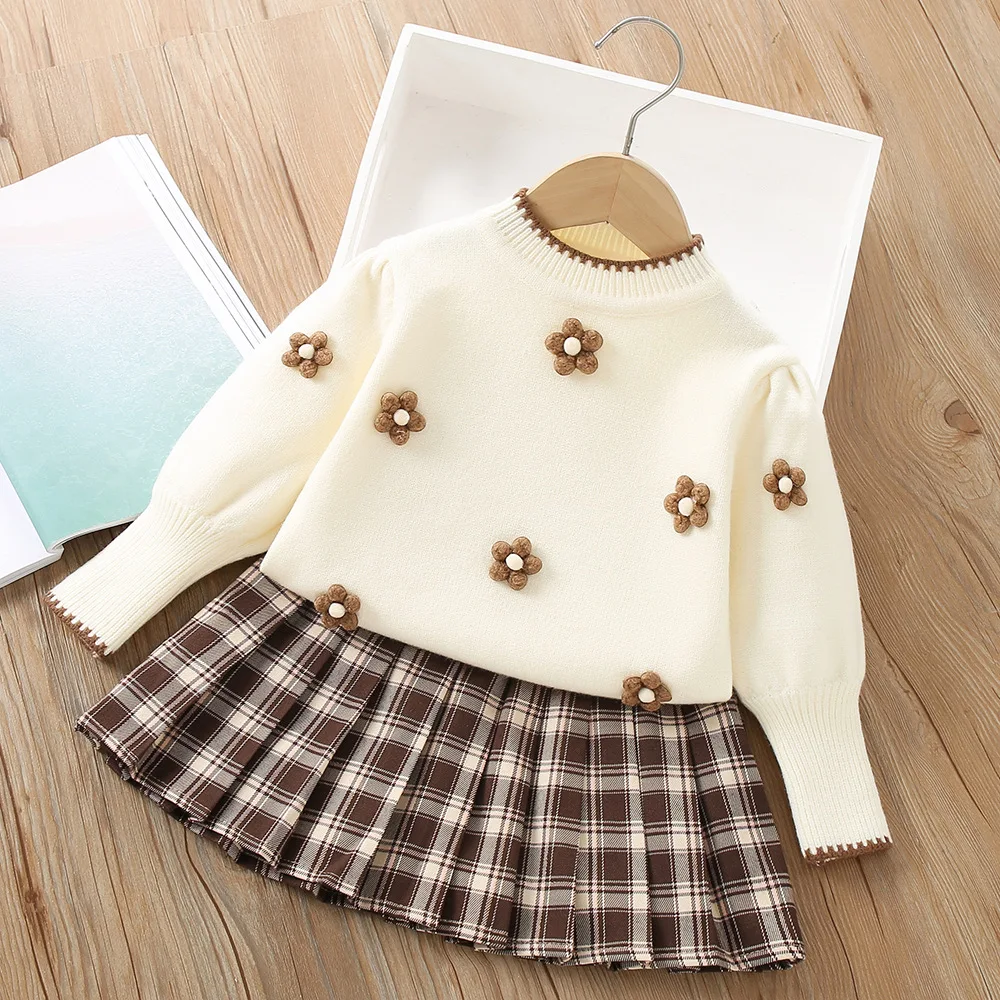 Girls Knitted Pullover Pleated Skirt Sweater Set
