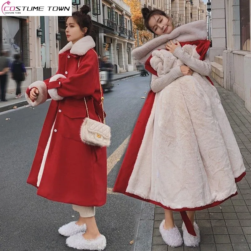 Red Medium Length Woolen Coat for Women's 2023 Autumn and Winter New Thickened Plush High Waisted Fashionable Coat