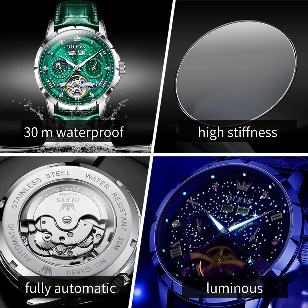 OLEVS 6690 Watch Man Hollow Skeleton Moonswatch Mechanical Watch For Men Date Deep Waterproof Luminous Moon Phase Men Wristwatch