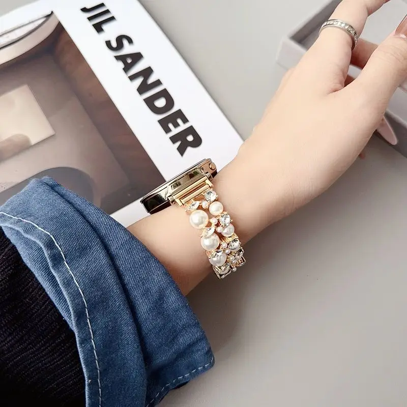 Elegant Pearl Beads Jewelry Bracelet Watch Band with Metal Diamond Accents